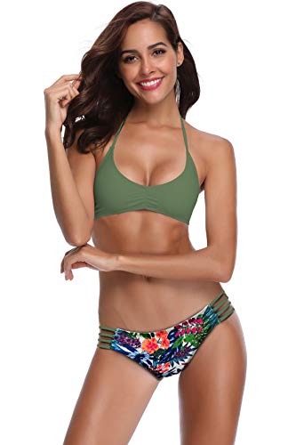 Luxe Women's Floral Printing Cutout Strappy Halter Swimsuits Bikini Suits
