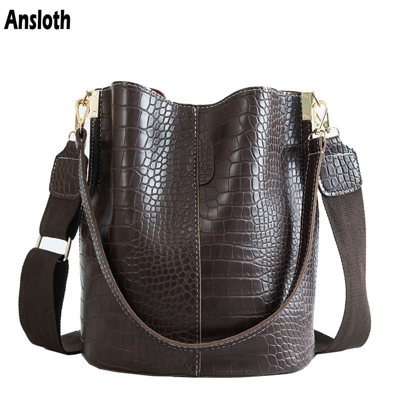 Ansloth Crocodile Crossbody Bag For Women Shoulder Bag Brand Designer Women Bags Luxury PU Leather Bag Bucket Bag Handbag HPS405
