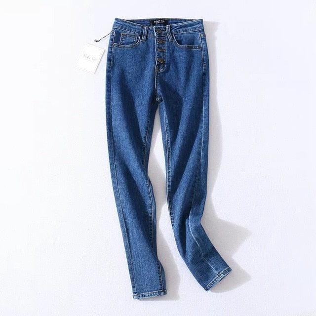 Vintage Skinny Four Buttons High Waist Pencil Jeans Women Slim Fit Stretch Denim Pants Full Length Denim Tight Trousers