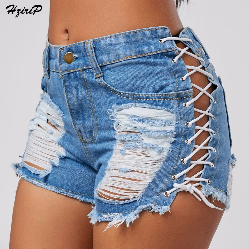 Hzirip Sexy Summer Women Denim Shorts 2019 New Black Blue High Waist Ripped Short Jeans Femme Tassel Lace Up Bandage Hotpants