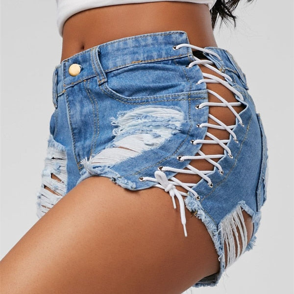 Hzirip Sexy Summer Women Denim Shorts 2019 New Black Blue High Waist Ripped Short Jeans Femme Tassel Lace Up Bandage Hotpants