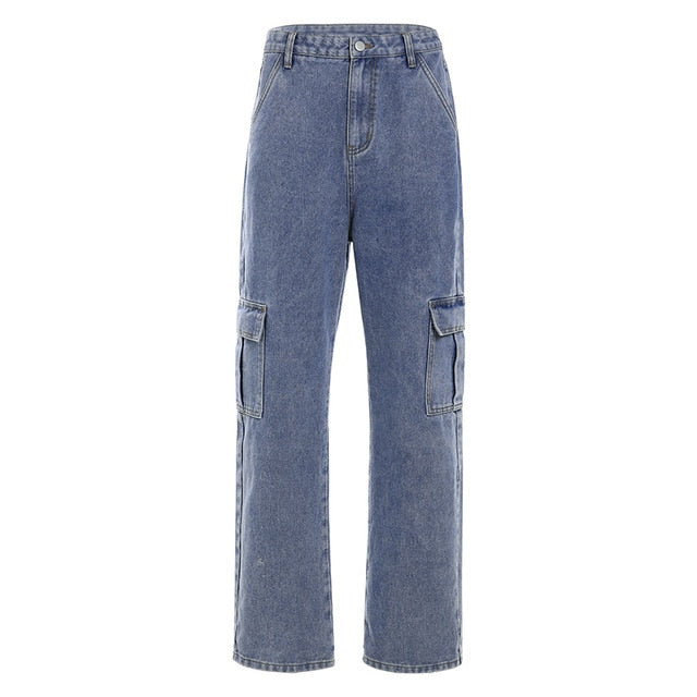 Weekeep Pockets Patchwork High Waist Jeans Women Streetwear Straight Jean Femme Blue 100% Cotton Cargo Pants