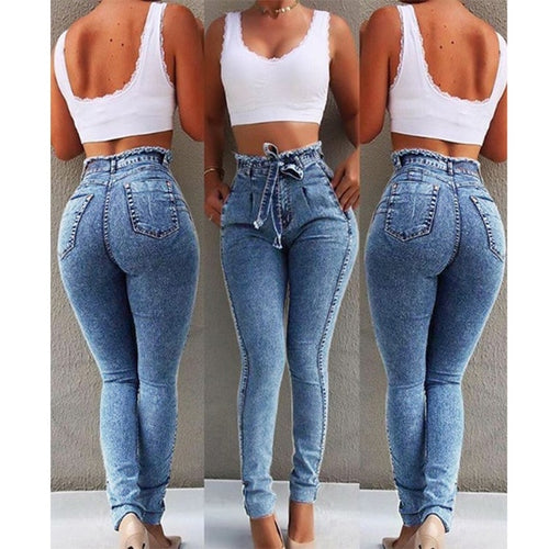 High Waist Jeans For Women Slim Stretch Denim Jean Bodycon Tassel Belt Bandage Skinny Push Up Jeans Woman