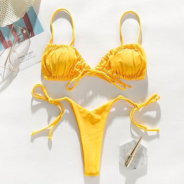 In-X Brazilian micro bikinis 2020 mujer Sexy string swimsuit female pleated bikini set Yellow swimwear women Mini bathing suit