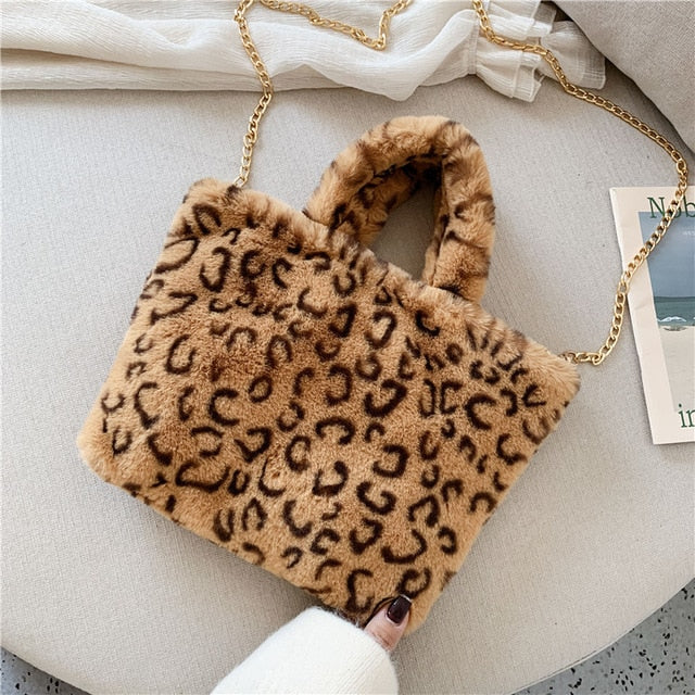 Winter new fashion shoulder bag female leopard female bag chain large plush winter handbag Messenger bag soft warm fur bag