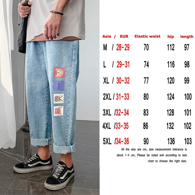 Fashion Print Black Jeans Pants Japanese Harajuku Streetwear for Mens Plus Size Denim Clothes Boyfriend Baggy Blue Jean Trousers