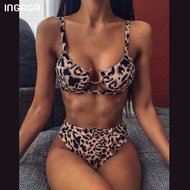 INGAGA High Waist Bikini Push Up Swimsuits Leopard Women's Swimwear 2021 Brazilian Bikini Set Biquini Sexy Bathing Suit Women