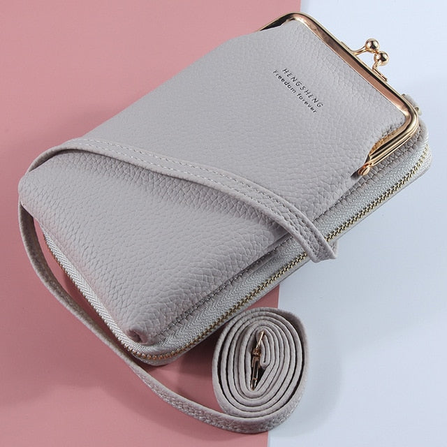 New Women Purses Solid Color Leather Shoulder Strap Bag Mobile Phone Big Card Holders Wallet Handbag Pockets for Girls