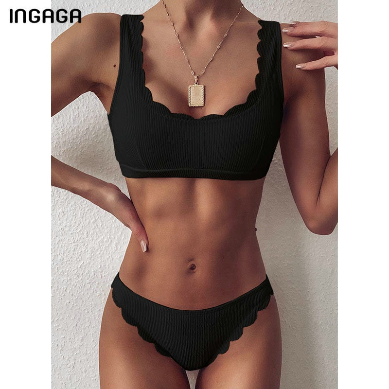 INGAGA Push Up Bikinis 2021 Swimsuits Black Swimwear Women Scalloped Bathing Suit Women Solid Ribbed Biquini Bikini Set Bathers