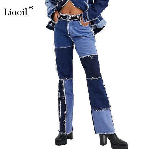 Liooil Patchwork Skinny Straight Leg Jeans Woman High Waist Denim Trousers Sexy Color Block Vintage Blue Brown Streetwear Pants